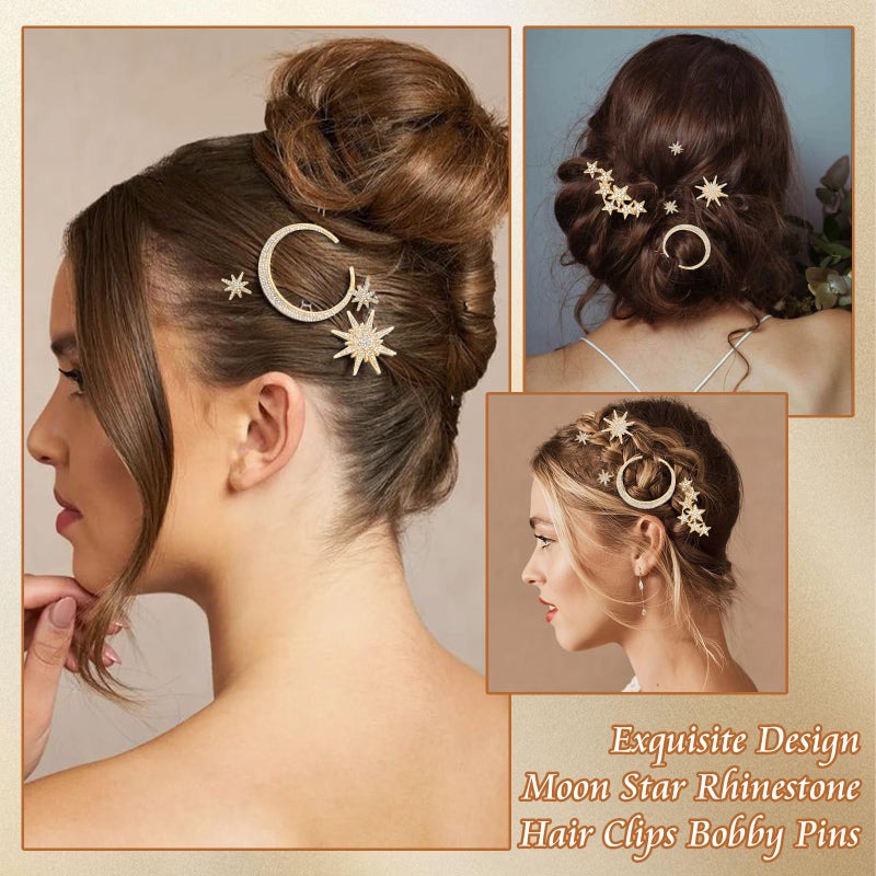 VENOFEN Rhinestone Moon Hair Clips Gold Star Hair Pins Sparkly Crystal Decorative Bobby Pins for Women Vintage Bridal Side Clips Wedding Prom Party Celestial Hair Accessories - Image 3